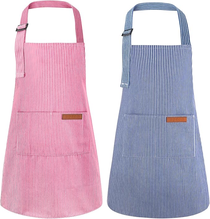 2 Pack Stripes Kids Apron, Kids Cooking Aprons with 2 Pockets, Cute Aprons for Cooking for Boys and Girls