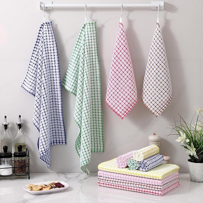 Homaxy Kitchen Towels and Dishcloths Set, 16 x 25 and 12 x 12 Inches, Set of 12 Cotton Terry Kitchen Dish Towels, Super Soft and Absorbent Dish Cloths, Red/Blue/Yellow/Green/Pink/Brown