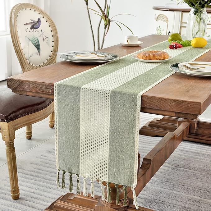 Wracra Linen Table Runner, Farmhouse Macrame Table Runners 72 Inches Long for Dining Table Decor, Wedding, Party and Dresser Decor (Sage Green,72")