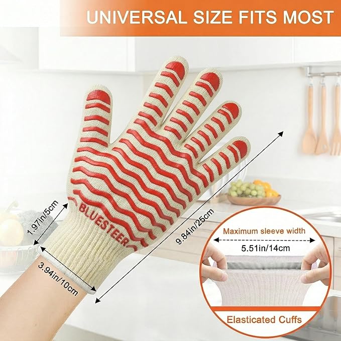 Oven Gloves 932°F Heat Resistant Oven Mitts with Fingers, Heat Proof BBQ Grill Gloves Silicone Grip Fireproof Gloves for Kitchen Cooking Grilling Baking