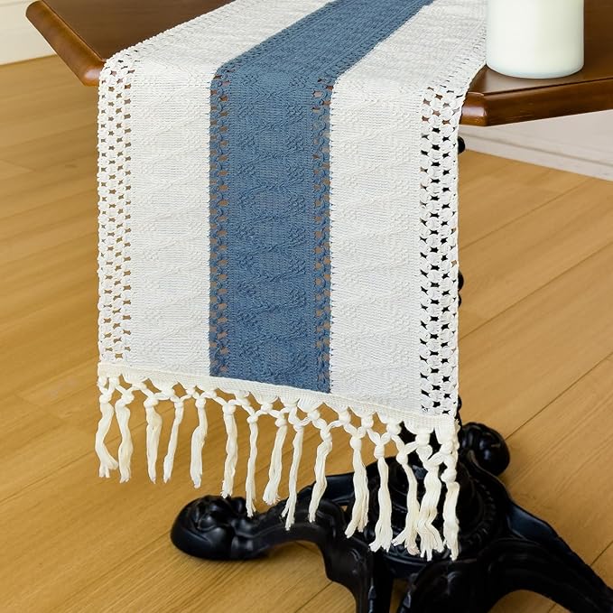 Blue Boho Table Runner for Home Decor with Tassels 72 Inches Farmhouse Rustic Table Runner Macrame Burlap Table Decoration for Living Room Bridal Shower(12x72 Inches, Fringe Included)