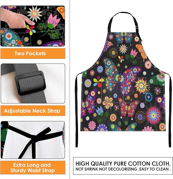 Britimes Butterfly Apron Floral Colorful Butterflies Flowers Aprons Kitchen Cooking Gardening for Women With Pockets
