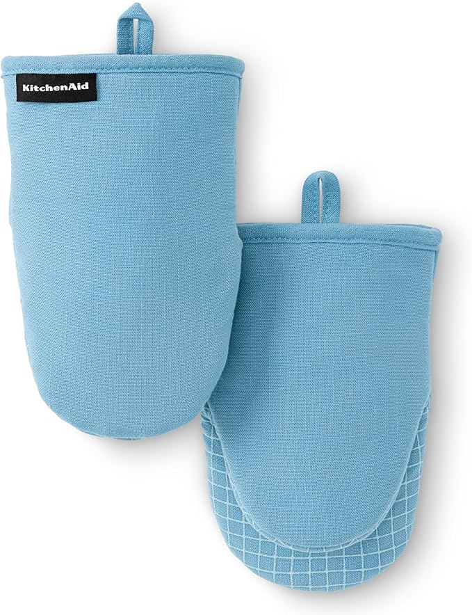 KITCHENAID Gourmet Series Gridlines Mini Oven Mitts 2-Pack Set, Heat Resistant up to 600°F, Soft Silicone Grip, Magnetic Cuff, Blue Velvet, 5.5"x9"