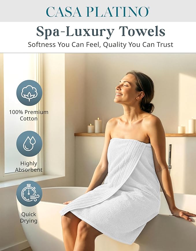 Casa Platino 100% Cotton Luxury Bath Towel Set 8 Pieces - Super Soft, Absorbent & Quick Dry - 2 Bath, 4 Washcloths, 2 Hand Towels for Bathroom - Sustainable Value Pack, Ideal for Spa & Travel - White