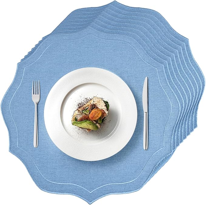 Set of 8 Cotton Linen Placemats, 15x15 Round Scalloped Cloth Table Mats, Embroidery Machine Washable, Wrinkle Resistance Fabric Place Mats for Wedding Summer Baby Shower Party Table Decor-Blue