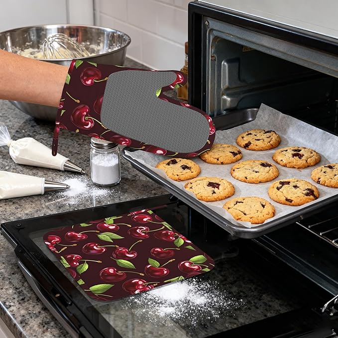 Red Cherry Heat-Resistant Silicone Oven Mitts and Pot Holders,Long Oven Gloves with Non-Slip Grip for Cooking, Baking, Grilling,BBQ