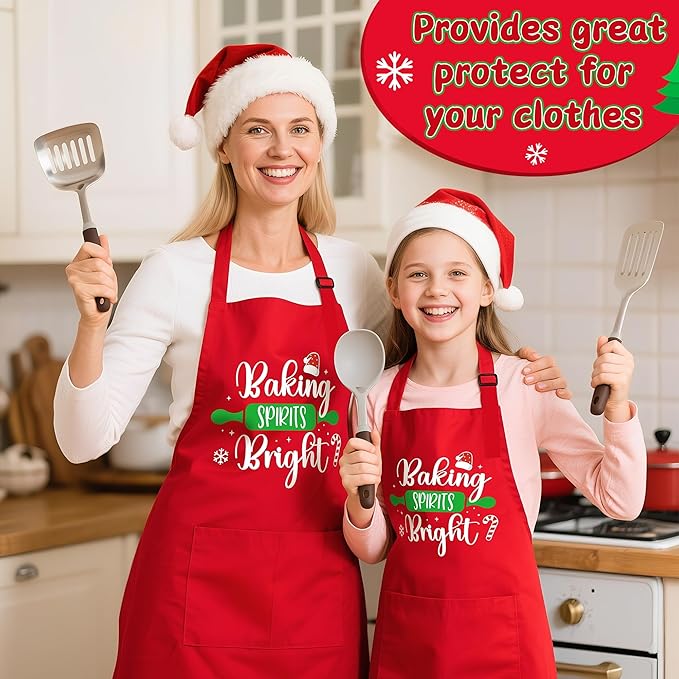 R HORSE 2Pcs Christmas Adult Kids Apron Costume Set, Mommy and Me Adjustable Kitchen Apron with 2 Pockets, Grandma and Me Matching Gift for Women Kid Cooking Baking Painting Training Gardening