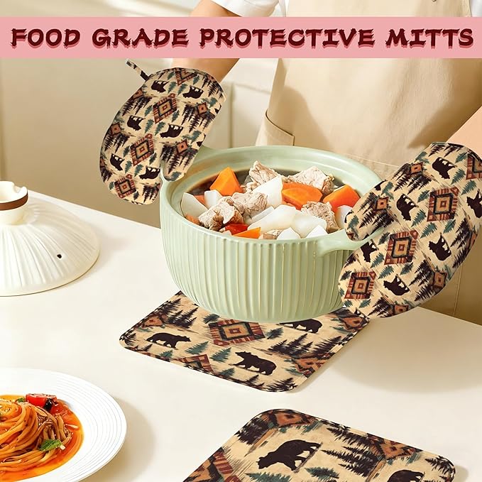 Tribal Bear Retro Geometric Silicone Oven Mitts and Pot Holders,Heat-Resistant 4 Piece Kitchen Set Non-Slip Oven Gloves and Hot Pads for Cooking, Baking, Grilling,BBQ