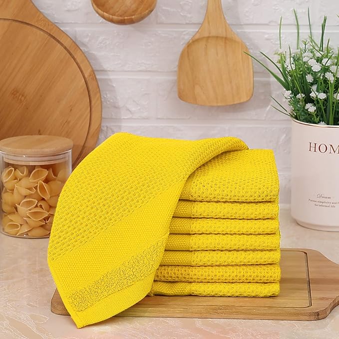 Homaxy 100% Cotton Dish Cloths, 8 Pack - 12 x 12 Inches, Waffle Weave Super Soft and Absorbent Dish Towels Quick Drying Dishcloths, Yellow