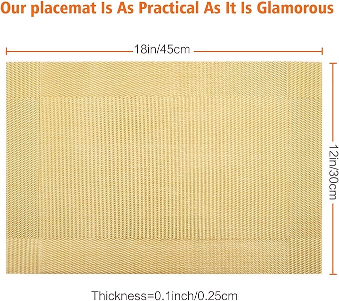 Placemats Set of 12,Washable,Heat and Stain Resistant Indoor/Outdoor Place mats,Vinyl Woven Non Slip Table Mats for Restaurant Table Protection,PVC Placemats(Gold 12PCS)