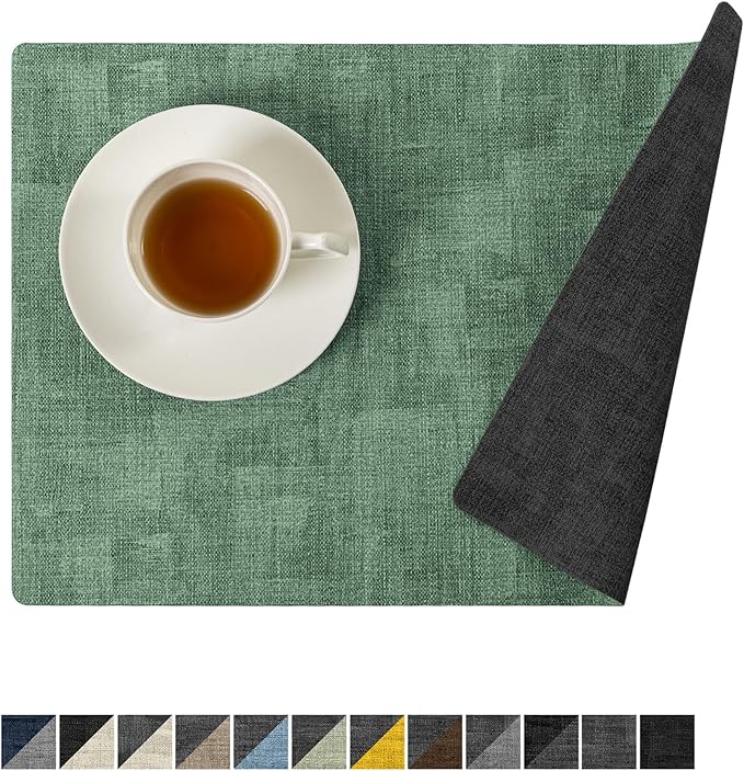 Romanstile Vinyl Placemats Set of 4-12x17 Inch, Reversible Waterproof Washable Non Slip Table Mats, Faux Leather Heat Resistant Wipeable Table Placemats for Dining/Party/Indoor/Outdoor, Grey-Green