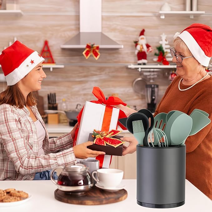 LIBODOUR Kitchen Utensil Holder Extra Large 360°Rotating For Counter Organizer Stainless Steel Storage Cooking Silverware Caddy 3 Compartment Flatware Spoon Spatula Tool Cutlery Container(Grey)