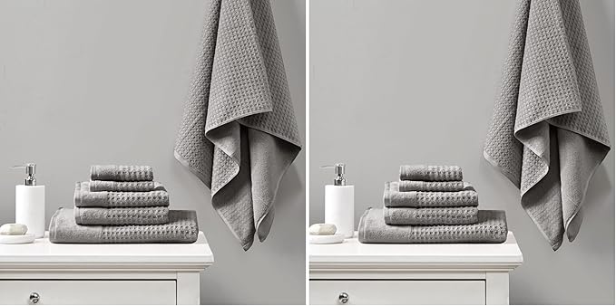 Madison Park Spa Waffle 100% Cotton Luxurious Towel Set, Premium Texture Waffle Weave, Highly Absorbent, Quick Dry, Hotel & Spa Quality Wash Clothes for Bathroom, Assorted Sizes, Charcoal 6 Piece