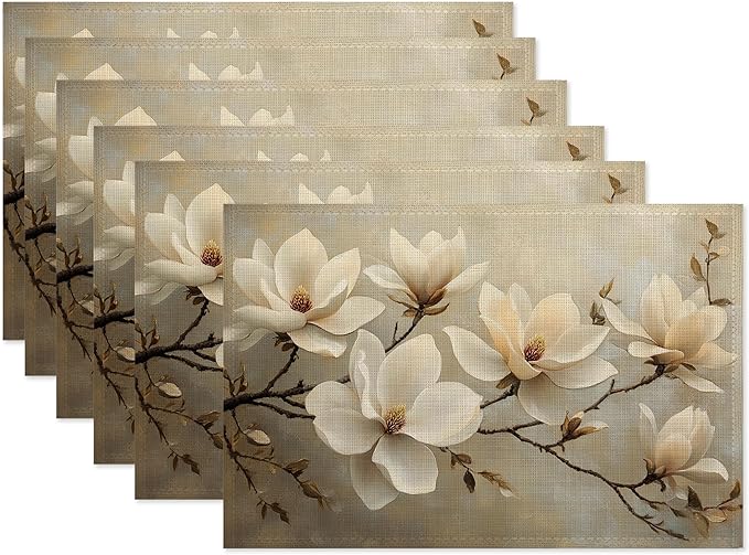 Vintage Magnolia Placemats Set of 6,Waterproof Heat Resistant Dining Table Plate Mat for Home Kitchen Dining Table 12x18Inch