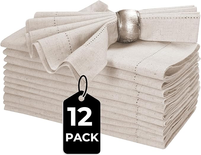 Homidate Linen Flax Cotton Cloth Dinner Napkins Set of 12 – 20x20 Natural Hemstitched Fabric – Machine Washable Elegant Reusable Table Napkins for Weddings, Parties & Dining Décor