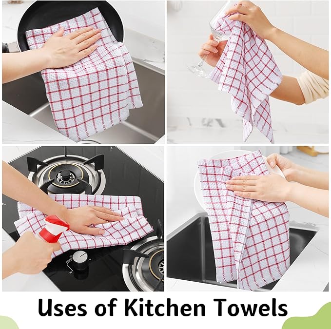 Homaxy 100% Cotton Kitchen Towels 4 Pack-15 X 25 Inches, Check Design Waffle Weave Hand Tea Towels, Super Soft and Absorbent Dish Towel for Drying Dishes, Red