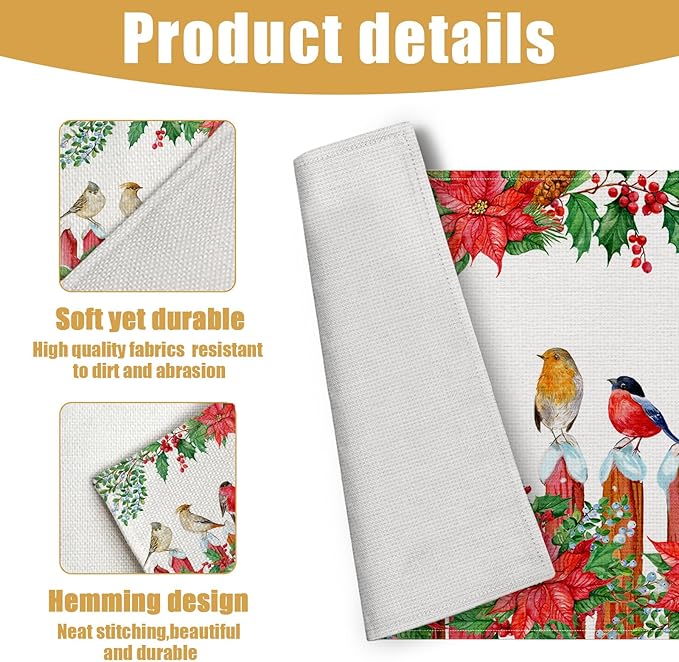 Christmas Birds Placemats Set of 6, Winter Red Cherry Linen Place Mat Washable Stain Resistant Table Mats for Farmhouse Kitchen Dining Party Wedding Decor 12x18 Inch