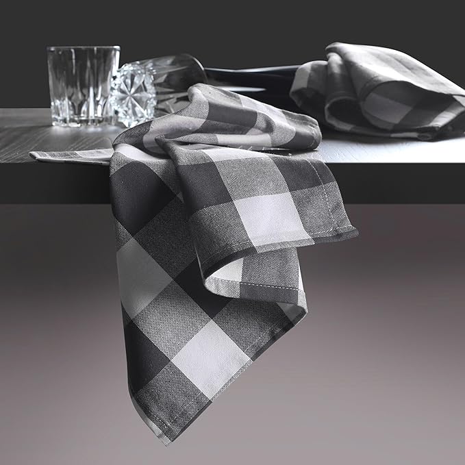 Native Fab Gray Buffalo Check Cloth Napkins, 100% Cotton, Set of 4, 16x16 inches, Plaid Checkered Pattern, Soft, Absorbent, Reusable Table Napkins for Dinner, Wedding, Luncheon, Party, Holiday - Grey