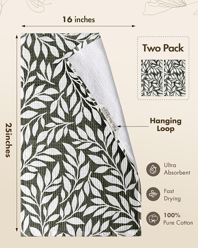 Miss Adola Cotton Waffle Kitchen Towels – Cute 370 GSM 16x25 Inch Terry Cloth Waffle Decorative Dishcloth for Kitchen Set of 2 with Hanging Loop Absorbent Hand Tea Towel for Home Design, Leaf
