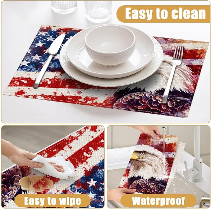Eagle USA Flag Placemats Set of 6, Linen Place Mat Washable Stain Resistant Table Mats for Farmhouse Kitchen Dining Holiday Party Wedding Decor 12x18 Inch