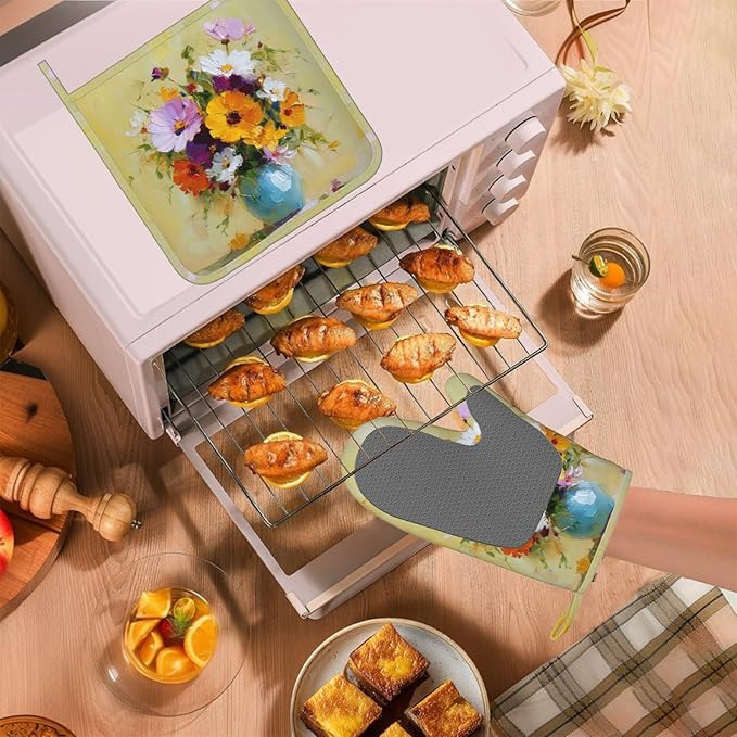 Vintage Flower Heat-Resistant Oven Mitts and Pot Holder Kitchen Non-Slip Silicone Cooking Microwave Gloves for Cooking Baking Grilling