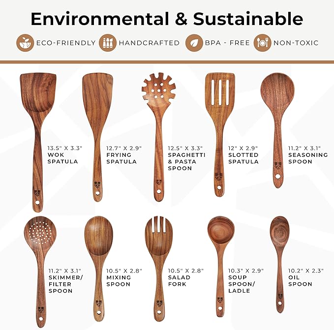 Wooden Spoons for Cooking – 10 Pc Teak Wood Utensil Set, Durable, Nonstick Safe & Heat Resistant with Ergonomic Handles