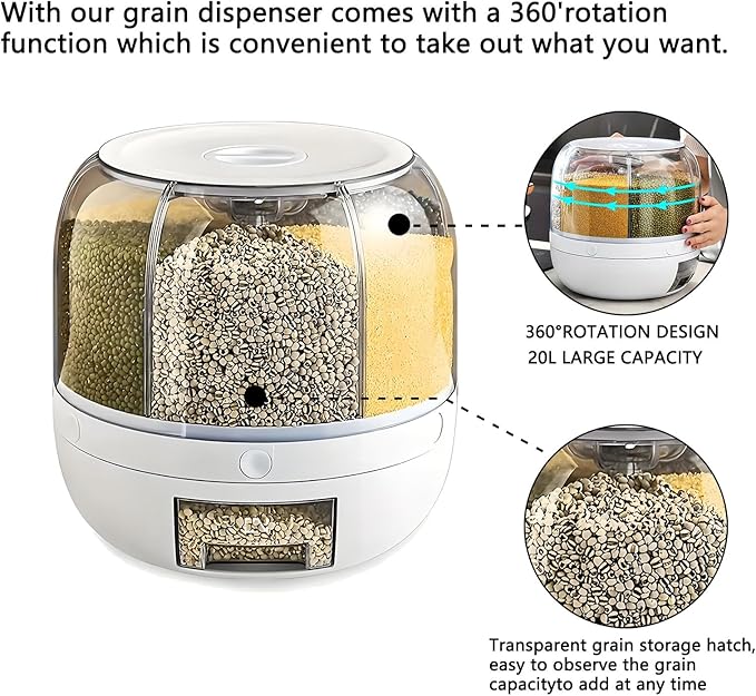 Rotating Grain Storage Bin 6 Grids Rice Container One-Click Output Large Capacity Food Dispenser For Rice Grains Sealed Moisture Proof Organizer (Large)