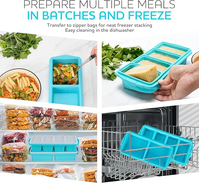 Silicone Freezer Tray With Lid-Soup Freezer Container molds-Large Ice Cube Tray Set Makes 1-Cup & 2-Cup portions cubes Perfect for preparing meals in different portion sizes Oven & Dishwasher -Safe