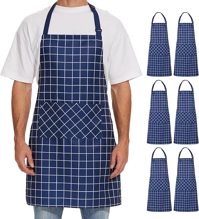 Will Well Kitchen Apron for Men and Women - 33" x 27" Oil-and-Water-Resistant with Adjustable Neck Strap and 38" Waist Ties for a Snug Fit, Lightweight with 2 Front Pockets - 6-Pack, Navy Checkered