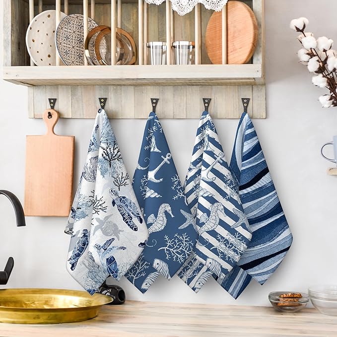 Blue Nautical Seahorse Corals Sea Turtle Kitchen Dish Towels Decorative Set of 4, Absorbent Coastal Tea Hand Towels for Kitchen Farmhouse Housewarming Bar Ocean Themed Decor