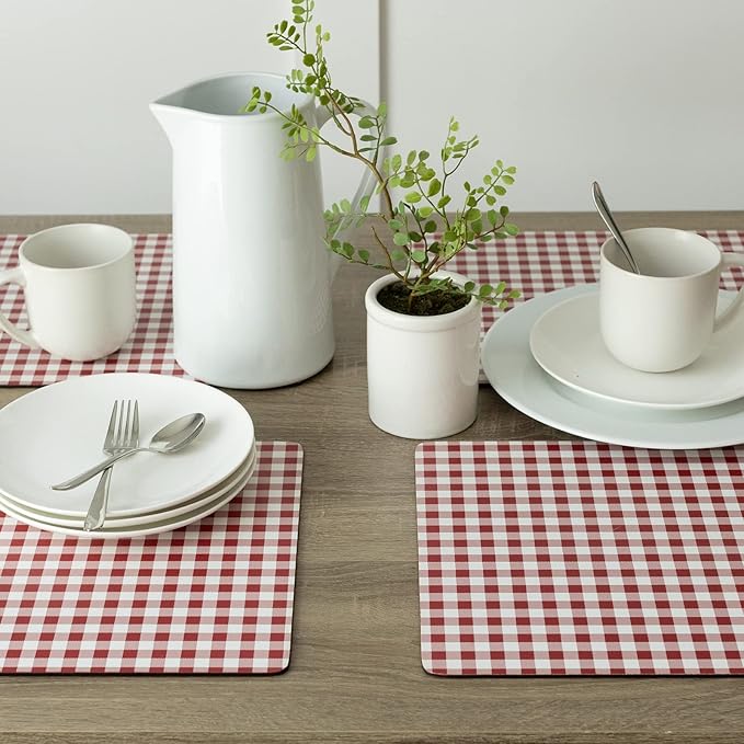 Benson Mills Cork Placemats Set of 4, Thick Cork Place Mats for Kitchen and Dining Tables, Easy Clean Table Mats (12" x 16" Rectangular Set of 4, Gingham Check Red)