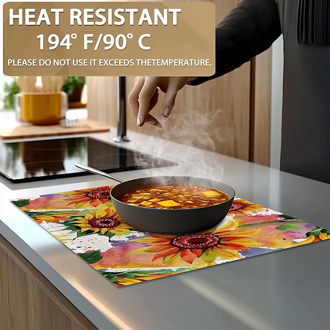 Placemats Set of 6 Linen Washable Kitchen Dining Watercolor Sunflower Table Mats Stain Heat-Resistant Desktop Décor Colorful Wildflower Place Mats for Home Party Indoor 12x18 in