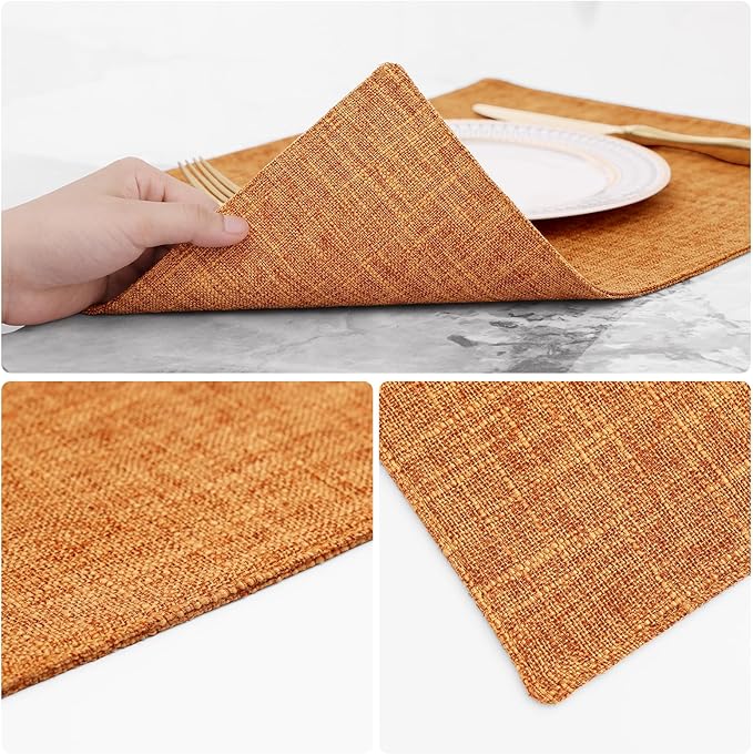 homing Cotton Linen Placemats Set of 6, Cloth Washable Farmhouse Dining Table Mats for Indoors & Outdoors, Easy to Clean, Orange, 13 x 19 Inch