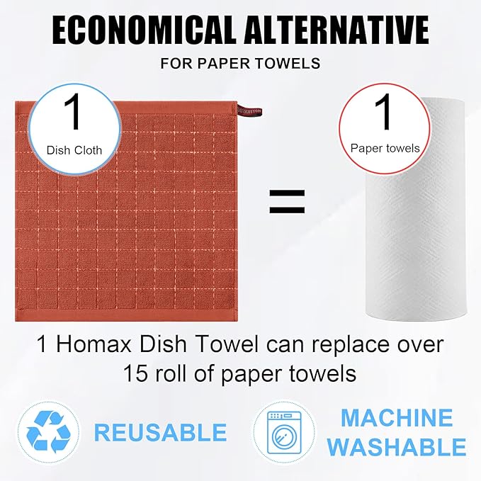 Homaxy 100% Cotton Terry Kitchen Dish Cloths, Ultra Soft and Absorbent Dish Towels for Kitchen, Suitable for Drying and Washing Dishes, 12 Pack, 12 x 12 Inches, Rust
