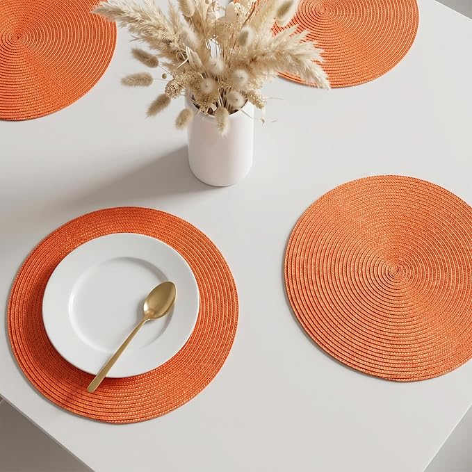 AHHFSMEI Round Placemats Set of 8 Heat Resistant Washable Non-Slip Woven Braided Table Mats for Dining Table Kitchen & Home Decor (Orange,8)