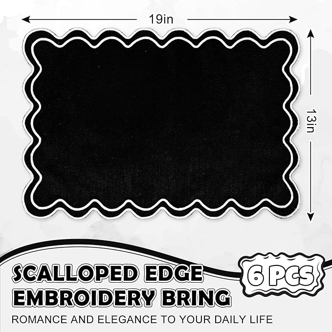 Whaline Black White Linen Placemats Embroidered Scalloped Kitchen Place Mats for Birthday Party Home Dining Table Decor, Set of 6, 13 x 19 in