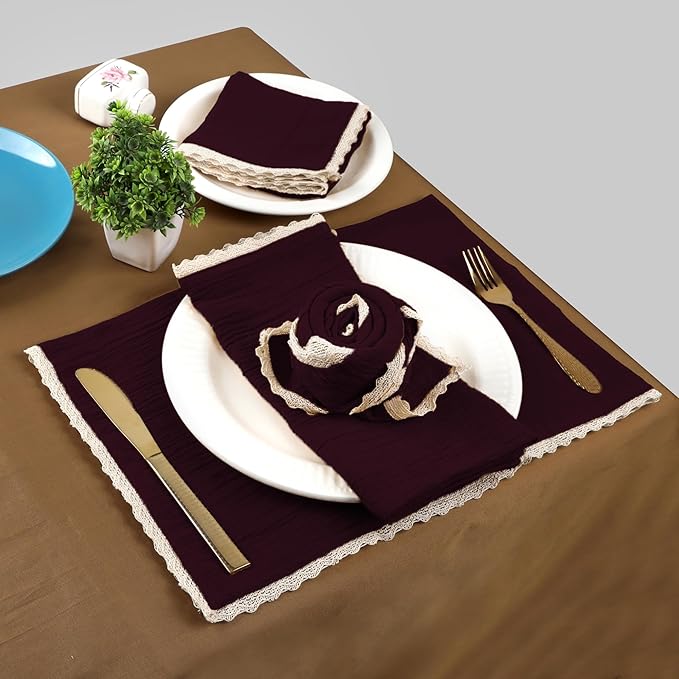 Fingercraft Dinner Cloth Napkin Cotton Muslin Double Gauze 8 Pack with Classic Lace for Everyday Use, Wedding, Party, Christmas, Easter Napkins Cloth are Pre Shrunk and Good Absorbency Chocolate