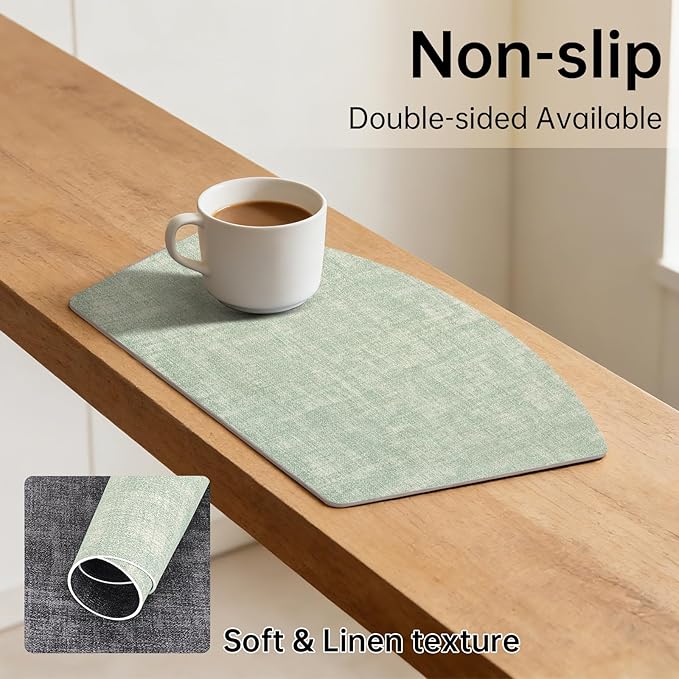 Round Table Placemats Set of 6, Dual-Sided Wedge Shape Faux Leather Table Mats, Washable Wipeable Heat Resistant Place Mats for Outdoor Indoor, Green Gray