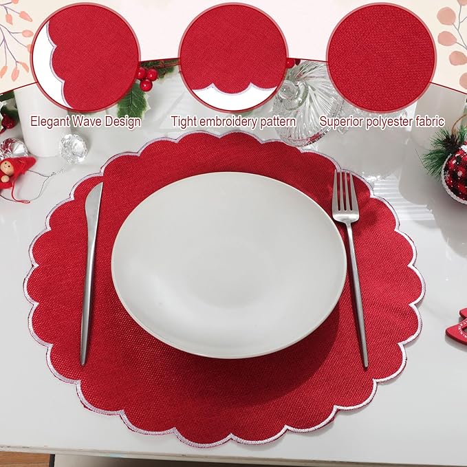 Set of 6 Round Placemats 15 Inch Cotton Scalloped Embroidery Placemat Washable Double Layered Rustic Dinner Table Mat Decor Fabric for Hotel Restaurant Kitchen(Red/White,Classic)