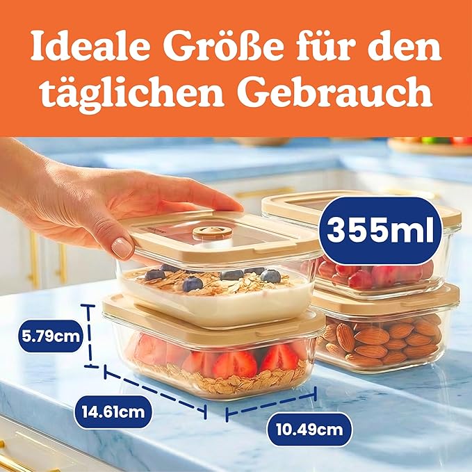 Ziruma Non-Toxic 1.5 cup Glass Food Storage Containers with Lids - Overnight Oats, Plastic Free Meal Prep, Reusable, Airtight, Microwave and Freezer Safe, 4 Pack