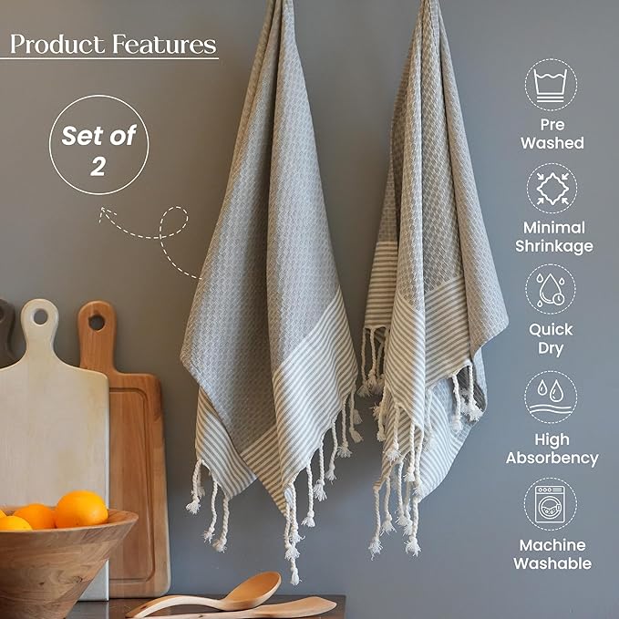The Fine Living Co. Turkish Hand Towels - Set of 2 | 100% Cotton - Kitchen and Bathroom Decorative Hand Towels for Bath, Guest, Face, Hair, Tea, Dishcloth | 40”x18” (Gray)