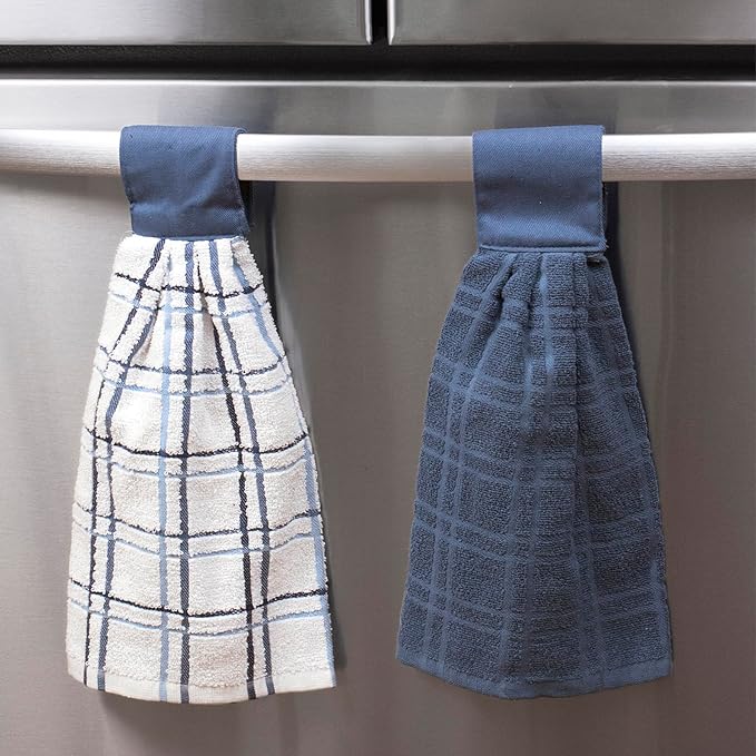 Ritz Premium 100% Cotton Solid and Multi Check Kitchen Tie Towel, Absorbent, Super Soft, and Fast Drying Hang Towel, Set of Two, Federal Blue