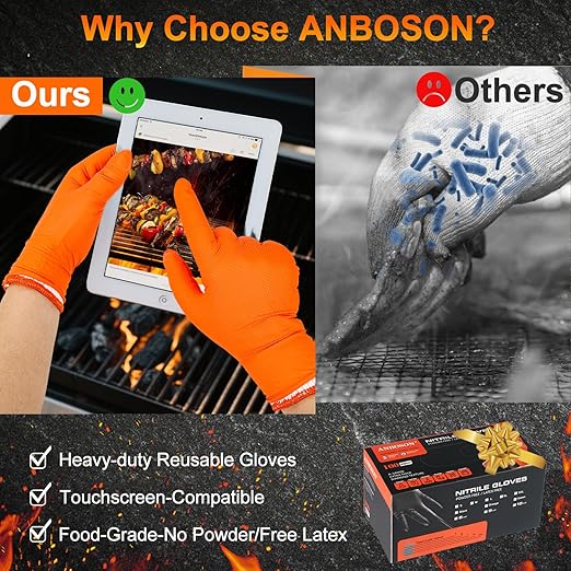 ANBOSON BBQ Gloves for Grilling Disposable Heat Resistant - 100 Nitrile Gloves + 4 Reusable Cotton Liners for Cooking Smoker -Orange XXLarge