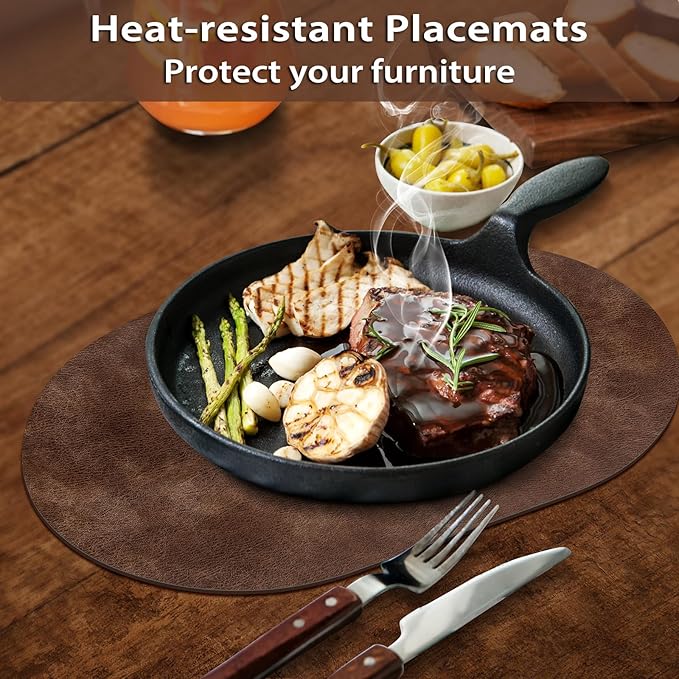 ADRIMER Placemats, Heat Resistant Oval Placemats Set of 8 Washable 12 x 17 Inch, Waterproof Table Mats, Wipeable Pu Place Mats for Kitchen, Dining Room, Brown