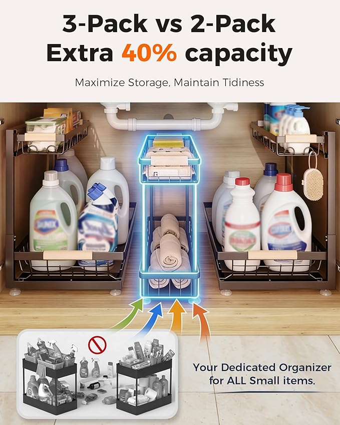 Sevenblue 3 Pack Under Sink Organizer, Multi-Purpose 2 Tier Pull-Out Metal Under Kitchen Sink Organizer, Height Adjustable Storage Shelves for Kitchen Bathroom Cabinet (Brown)