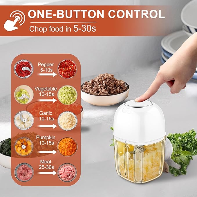 450ML (1.8 Cup) Electric Garlic Chopper, Mini Portable Food Processor, Garlic Grinder Masher for Onion, Ginger, Chili, Fruit, Vegetable, Meat