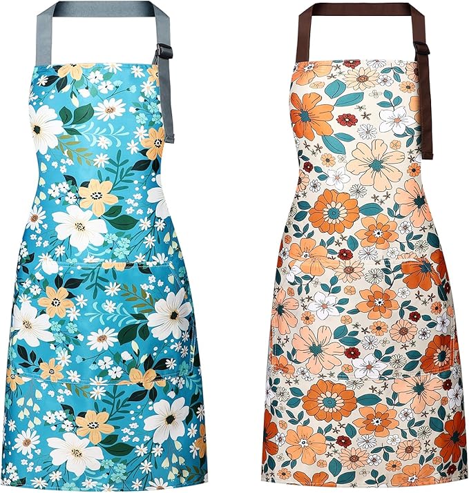 Floral Apron Women, 2 Pack Aprons for Women with Pockets, Waterproof Kitchen Apron Aprons for Cooking, Baking