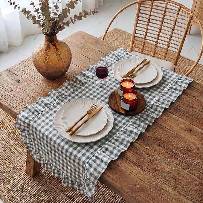 HunnmingRe 1 Pcs Light Grey Plaid Gingham Ruffle Table Runner 72 x 13.8'' Farmhouse Table Runner 100% Cotton Scalloped Long Dresser Scarves for Dining Room, Wedding, Kitchen Rustic Home Decor