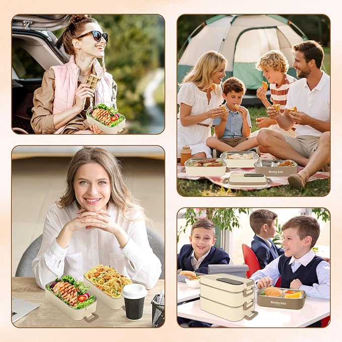 Suteng Triple-Layer Bento Box Adult All-in-One Design | 2.1L Stainless Steel Lunch Containers for Adults | Leakproof Microwave-Safe Food Container with Cutlery(Spoon) & Hidden Handle | Beige