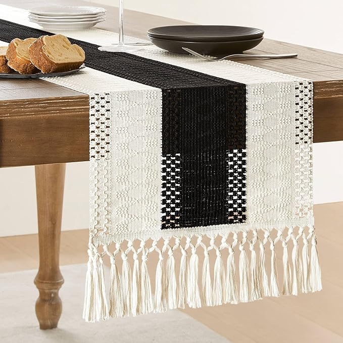 ZeeMart Macrame Style Bicolor Stitching Table Runner, 14 x 36 Inch Black/Ivory, Boho Black Table Runners 36 Inches Long, Farmhouse Woven Home Decor